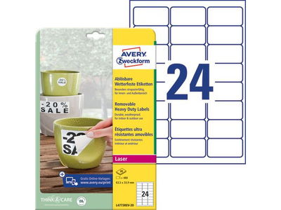 Laseretikett Avery Slitstark avtagbar L4773REV-20 vit 33,9x63,5mm