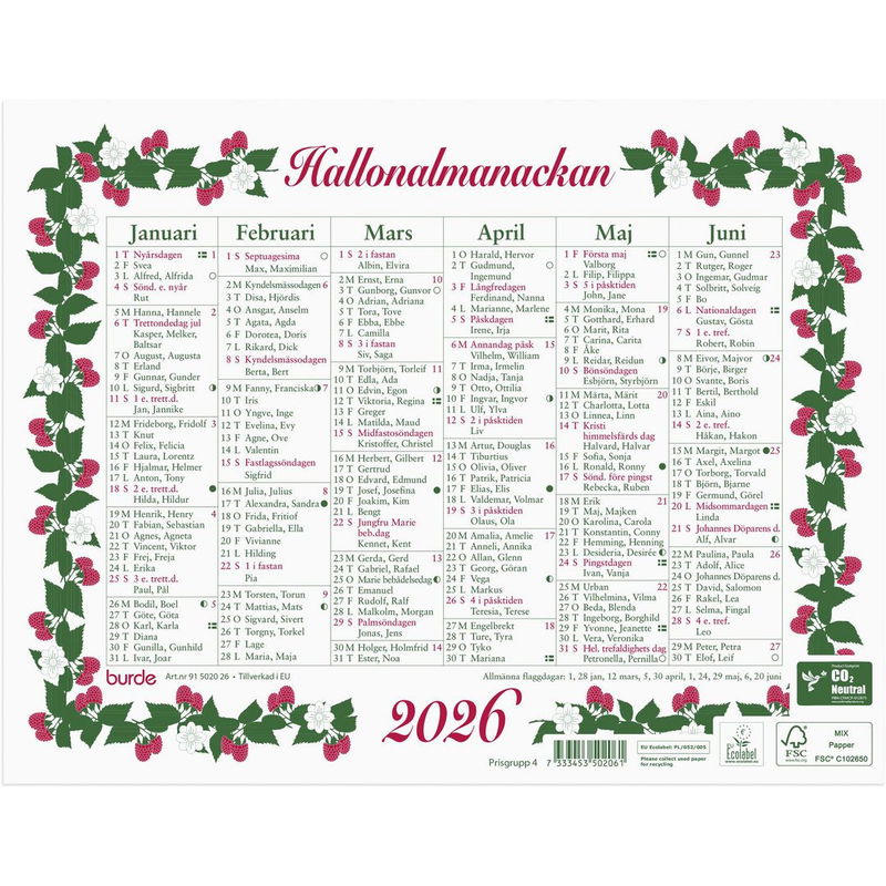 Väggkalender Lilla Hallonalmanackan 2026