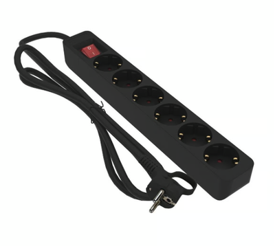 Grenuttag 6-vägs Jordad med Brytare Svart 1m