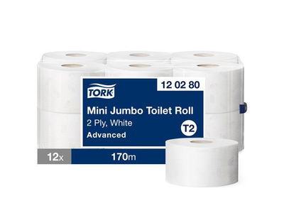 Toalettpapper TORK T2 Mini Jumbo Advanced 2-lg vit 170m,  12 rl/fp