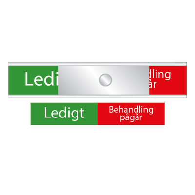 Skylt. Ledigt-Behandling pågår. grönt/röt