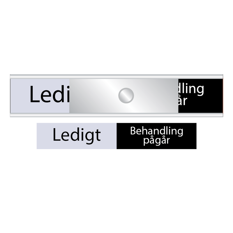 Skylt. Ledigt-Behandling pågår. grått/svart