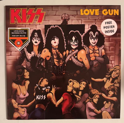 KISS LP Love Gun Splatter vinyl Röd/Gul Alternativomslag med pistol, poster och orderpapper