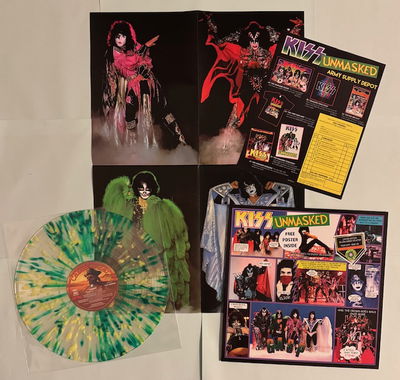 KISS LP Unmasked Gul/Grön spräckling vinyl Alternativomslag med poster och order papper