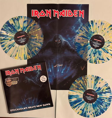 Iron Maiden LP Stockholm Brave New  Dawn 3LP Splatter vinyl Gul/Blå