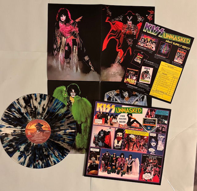 KISS LP Unmasked Svart/Blå spräckling vinyl Alternativomslag med poster och order papper