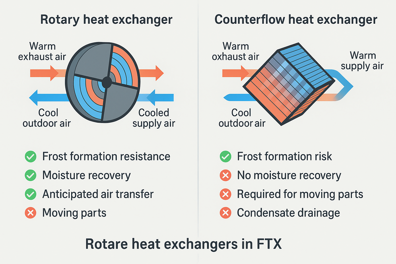 Roterande värmeväxlare vs motströmsvärmeväxlare FTX-aggregat