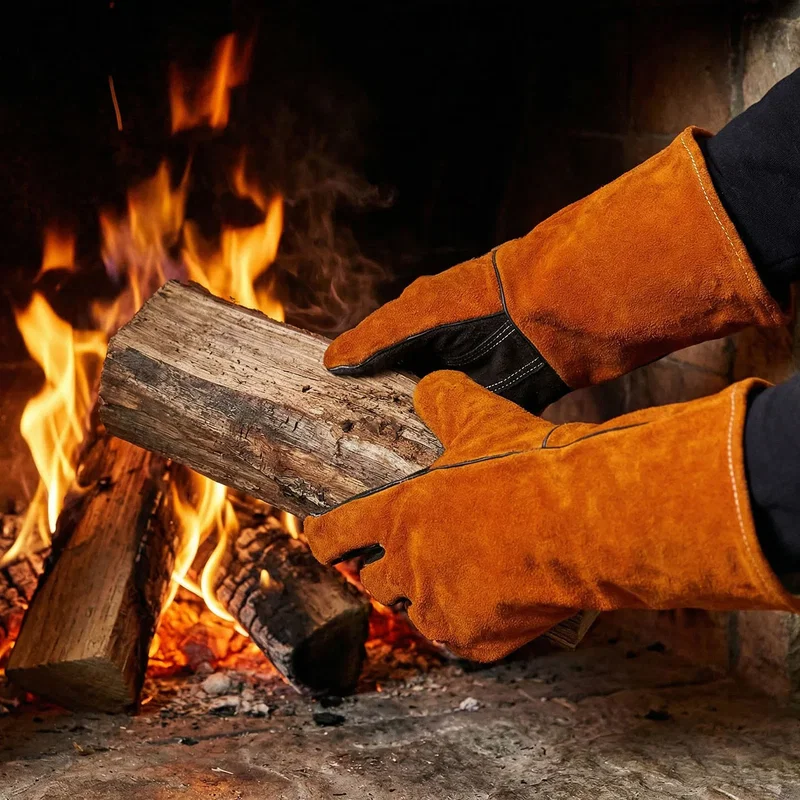 Värmebeständiga Läderhandskar – Skydd för Kamin, Grill och Eld
