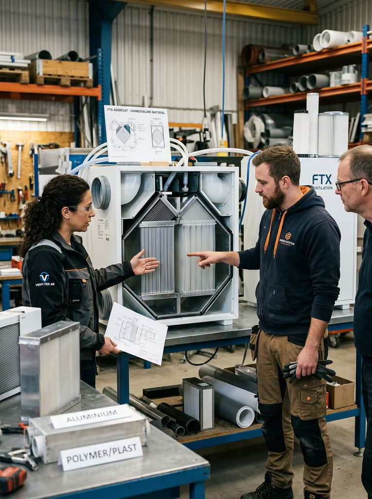 Vilka material kan en värmeväxlare bestå av i ett FTX-aggregat?