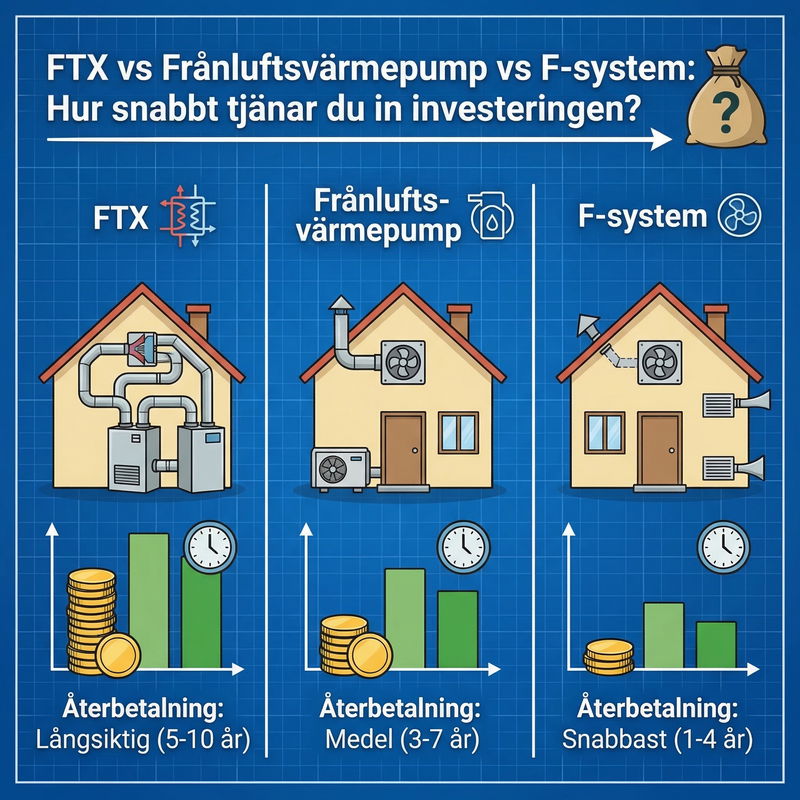 FTX vs Frånluftsvärmepump vs F-system: Hur snabbt tjänar du in investeringen?