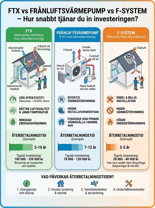 FTX vs frånluftsvärmepump vs F-system – hur snabbt tjänar du in investeringen?
