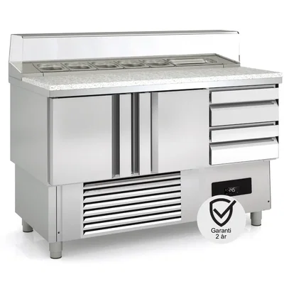 Saladette 2 dörr 4 draglådor, glastopp