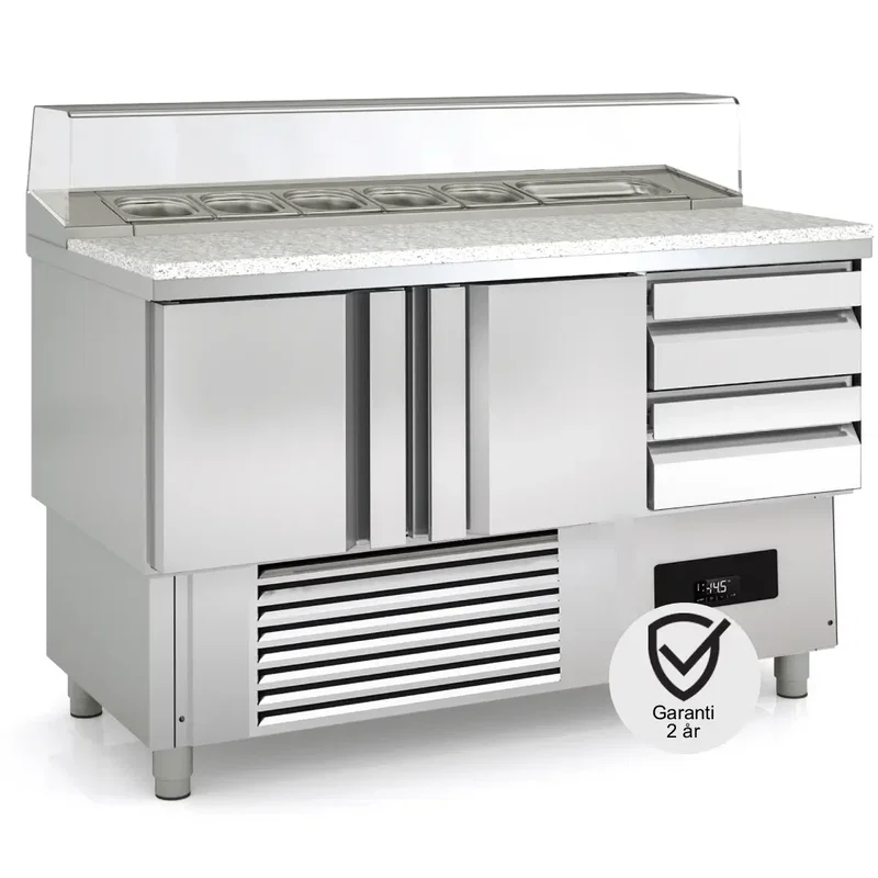 Saladette 2 dörr 4 draglådor, glastopp