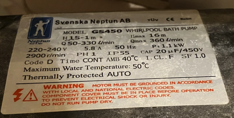 Svenska Neptun GS450 Whirlpool Bath Pump