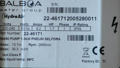 Balboa / ITT HydroAir HA460, 1.7hk, 1 växel, insug botten