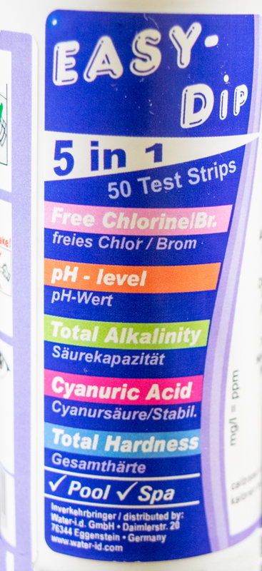 Pool-I.D. 5-i-1 testremsor för mätning av pH-värden, fritt klor, brom, alkalinitet värden, total hårdhet och cyansyra 50 stk