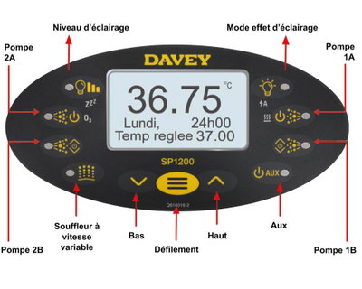 Davey Spa Power SP1200 Touch Panel - Temp Up/Light, Temp Down, Jets, Blower