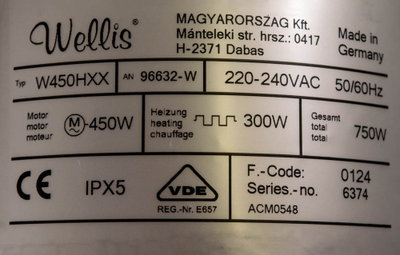 Spatech / Wellis 450HXX, Luftpump 450W med värmare 300W Utan kabel