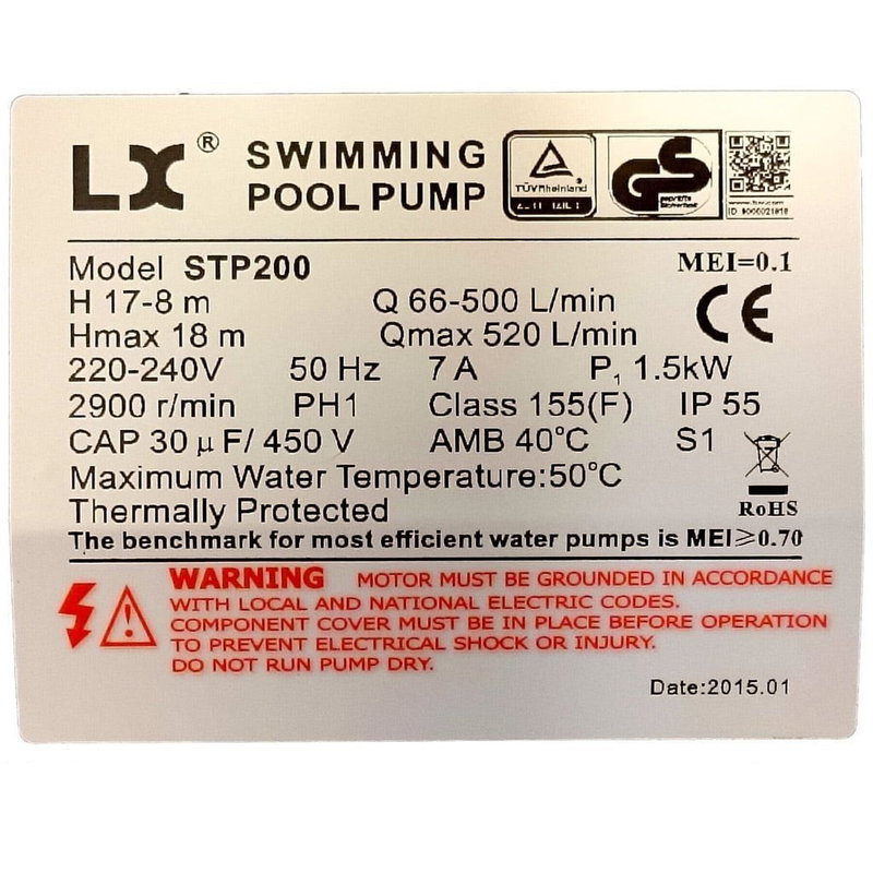 LX Whirlpool STP200 Pool pump, 2.0hk, 1-fas - UTGÅTT