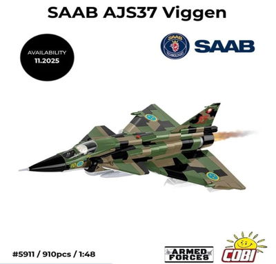 Cobi Saab AJS37 Viggen stridsflygplan Tre kronor märkning - 910 byggblock