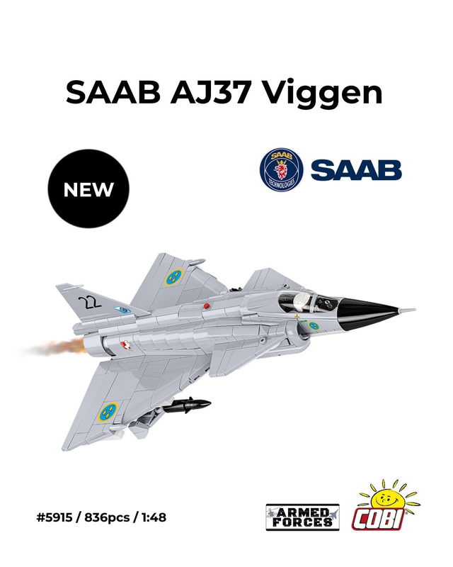 Årets nyhet! Cobi Saab AJS37 Viggen stridsflygplan Tre kronor märkning - 910 byggblock