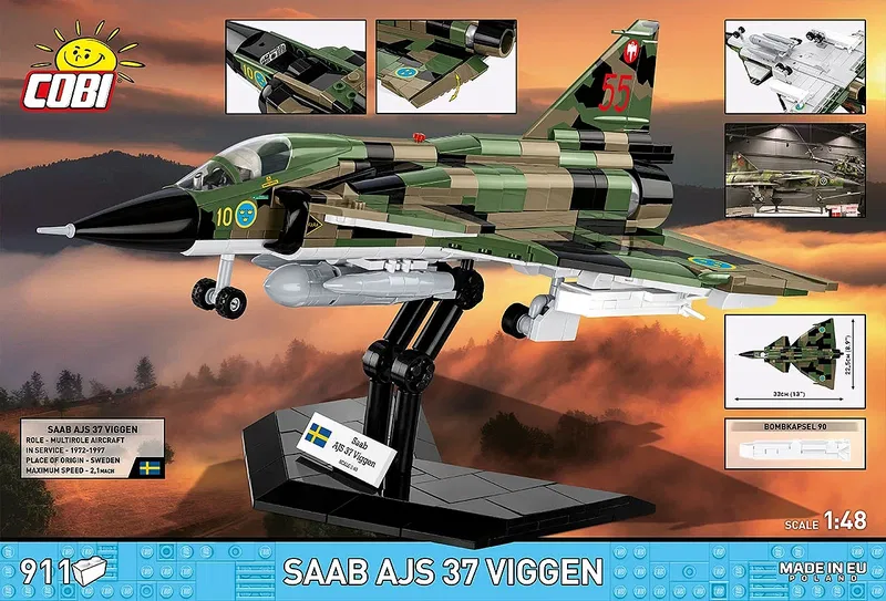 Cobi-5911 Saab AJS37 Viggen stridsflygplan med Tre kronor märkning - 910 byggblock