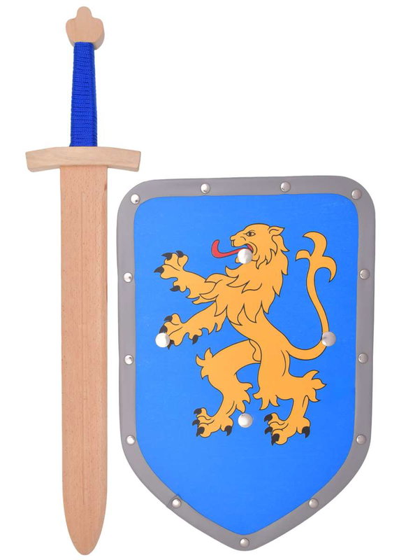 Stort leksakssvärd och sköld i trä med lejonmotiv – set för barn