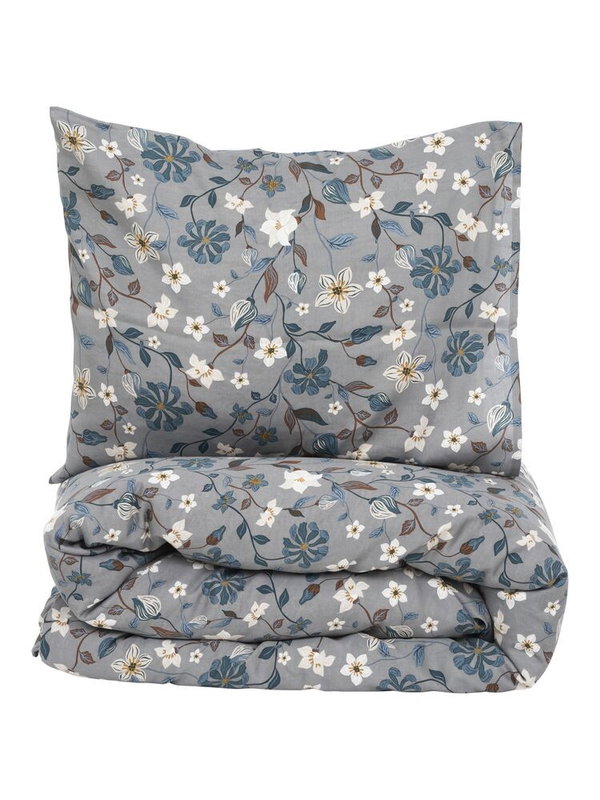 Borgvik Satin Grå Blommor Bäddset Enkeltäcke 150x210 Kosta Linnewäfveri