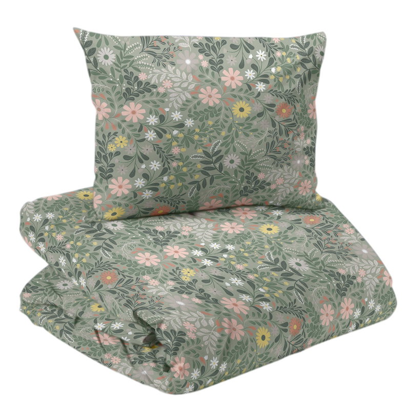 Grön Blommigt Bäddset Enkeltäcke 150x210 Redlunds