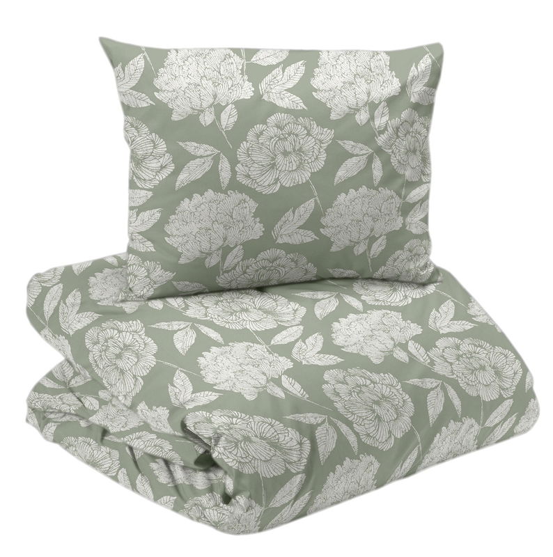 Peony Satin Grön Blommigt Bäddset Enkeltäcke 150x210 Redlunds