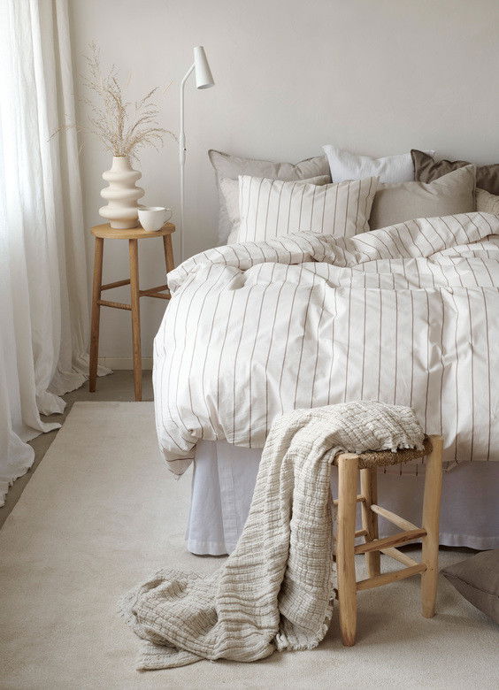 Saga Beige Randigt Bäddset Enkeltäcke 150x210 Borganäs of Sweden