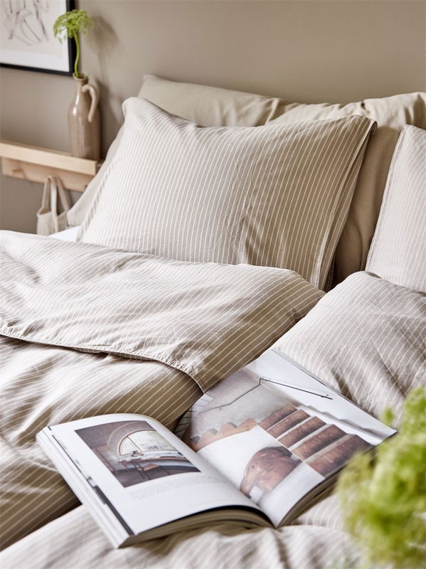 Malte Beige Randigt Bäddset Enkeltäcke 150x210 Redlunds