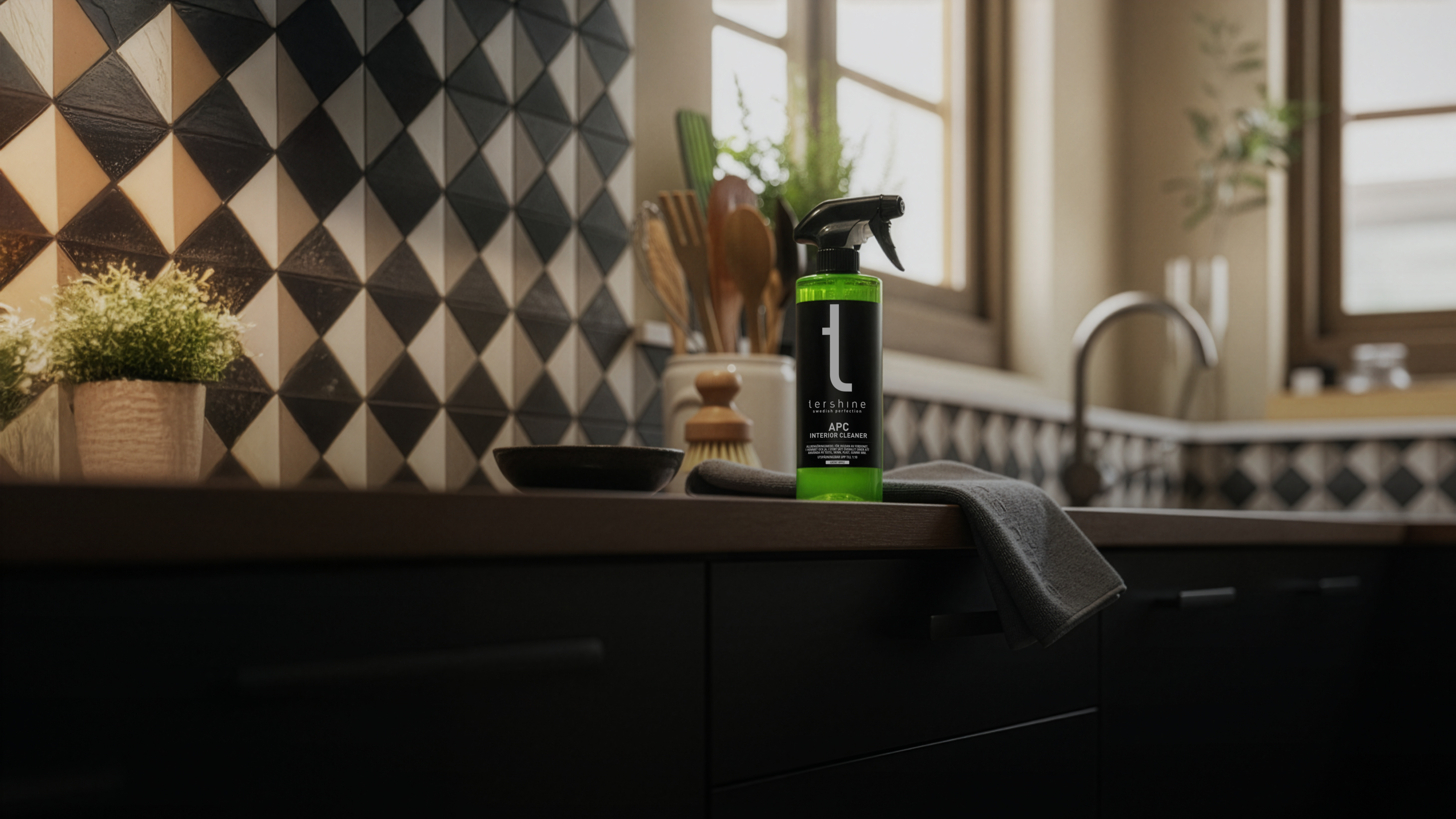Tershine APC Interior Cleaner står på en mörk träbänk i ett svenskt kök. Varmt dagsljus från fönstret, disig bakgrund med diskho, köksredskap och kaklat stänkskydd. En grå mikrofiberduk hänger över bänkkanten. Stämningen är mörk och mysig.