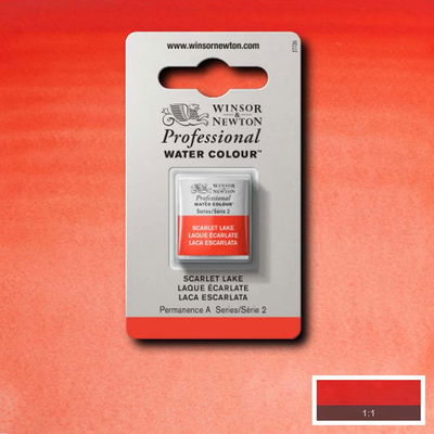 Winsor & Newton Professional Water Colour Scarlet Lake i halvkopp som visas mot målad bakgrund i samma färg.