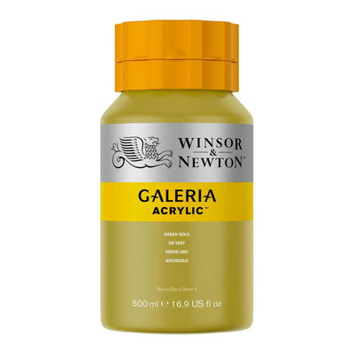 Winsor & Newton Galeria Akrylfärg, 500 ml flaska mot färgad bakgrund. Green Gold