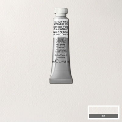 Winsor & Newton Professional Water Colour Titanium White i 5 ml tub som visas mot målad bakgrund i samma färg.