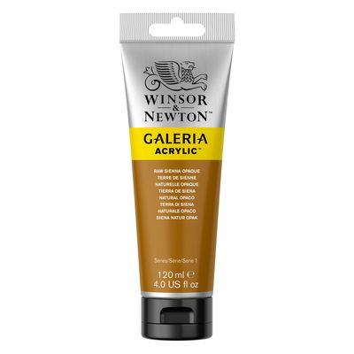 Winsor & Newton Galeria Akrylfärg, 120 ml tub mot färgad bakgrund. Raw Sienna Opaque