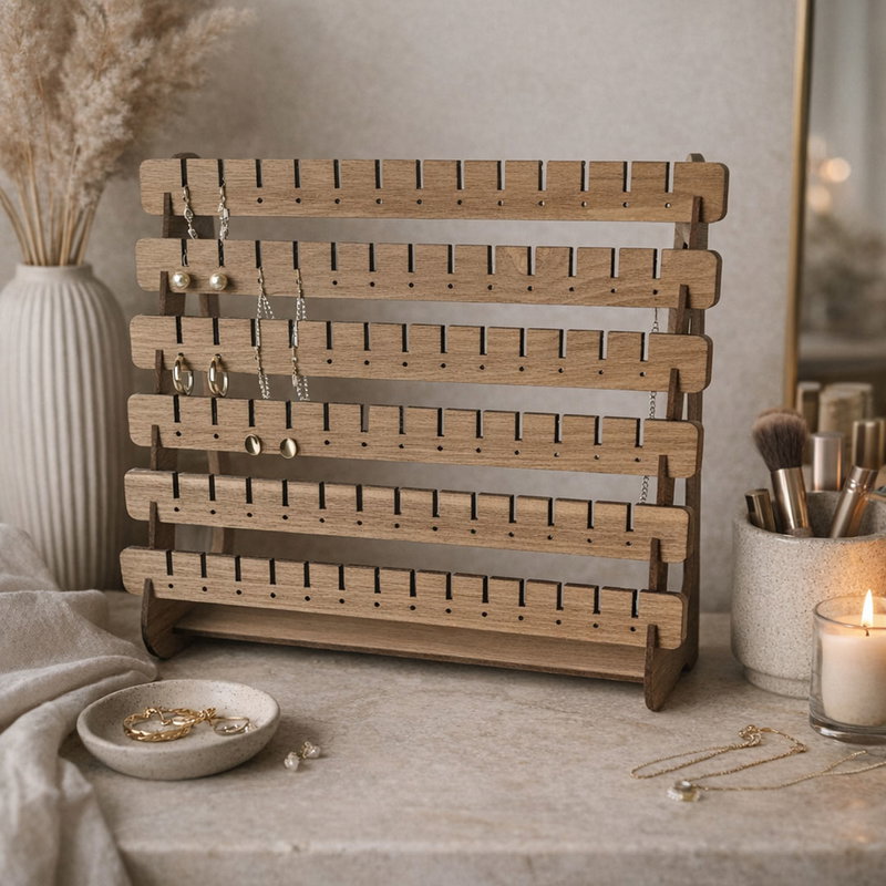 Smyckesställ i valnöt på byrå med ljus och smycken runtom