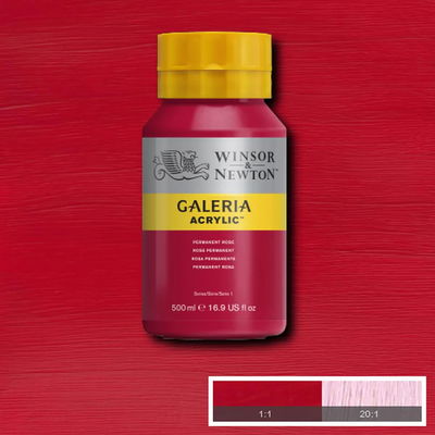 Winsor & Newton Galeria Akrylfärg, 500 ml flaska mot färgad bakgrund. Permanent Rose