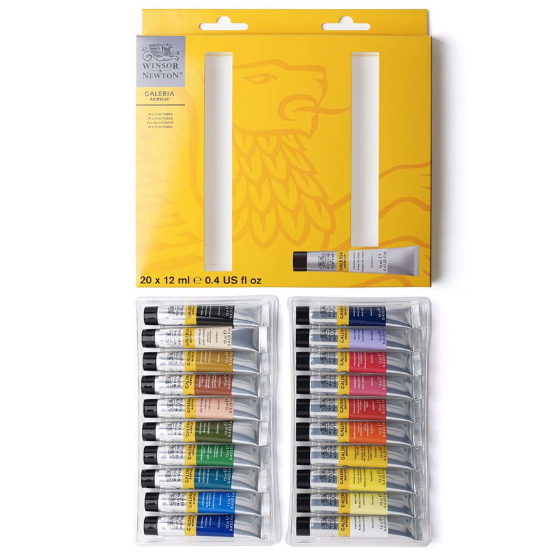 Winsor & Newton Galeria Acrylic 20x12 ml öppnad förpackning med alla tuber i setet.
