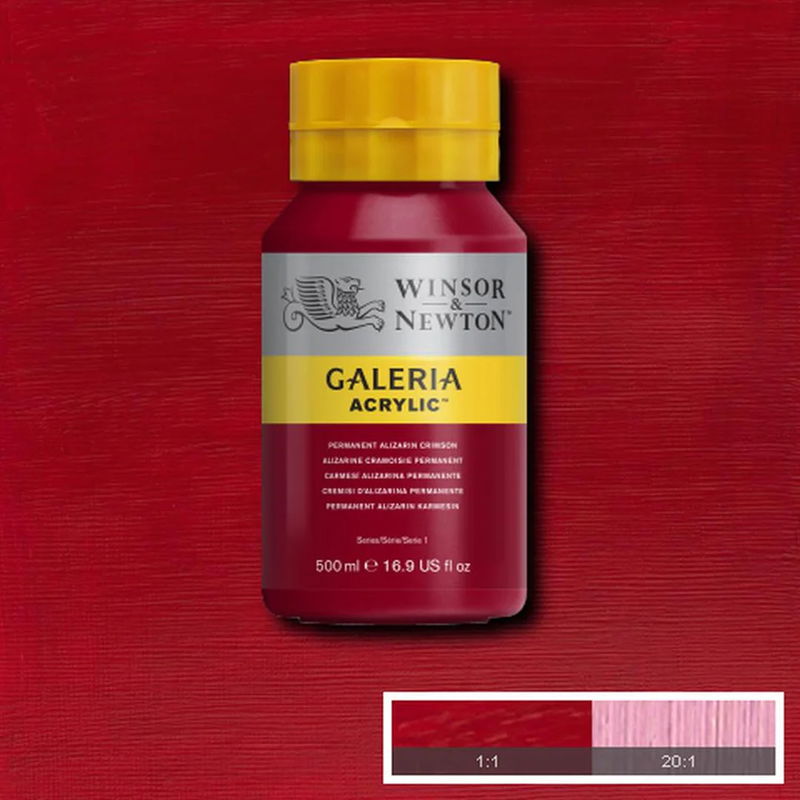 Winsor & Newton Galeria Akrylfärg, 500 ml flaska mot färgad bakgrund. Permanent Alizarin Crimson