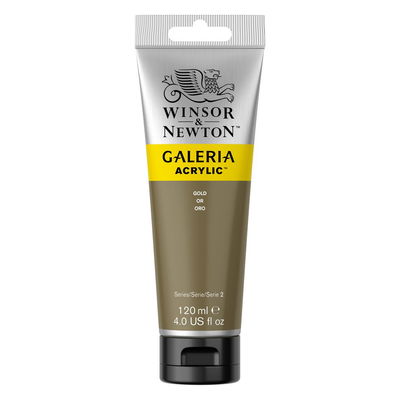 Winsor & Newton Galeria Akrylfärg, 120 ml tub mot färgad bakgrund. Gold