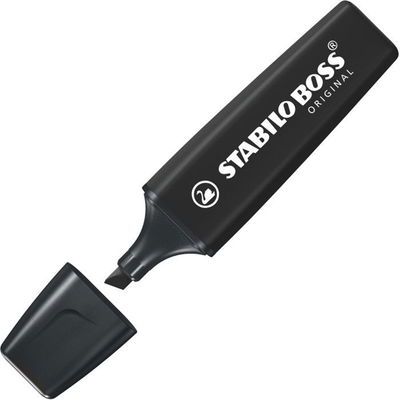 Stabilo Boss Original överstrykningspenna i Black med snedskuren spets. På bilden är korken av och spetsen synlig.