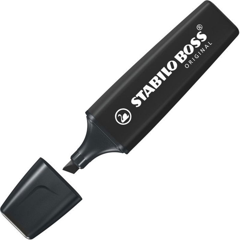 Stabilo Boss Original överstrykningspenna i Black med snedskuren spets. På bilden är korken av och spetsen synlig.