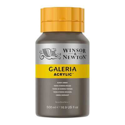 Winsor & Newton Galeria Akrylfärg, 500 ml flaska mot färgad bakgrund. Burnt Umber
