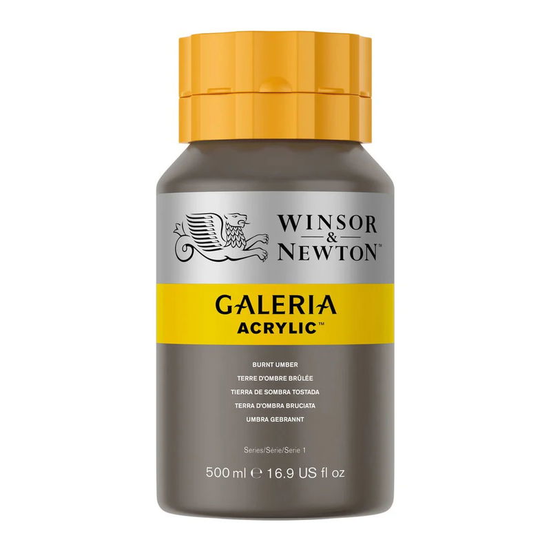Winsor & Newton Galeria Akrylfärg, 500 ml flaska mot färgad bakgrund. Burnt Umber