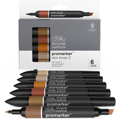 Promarker Skin Tones 2 pennor och förpackning Winsor & Newton Promarker Skin Tones 2, sex pennor framför förpackning