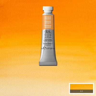 Winsor & Newton Professional Water Colour Winsor Orange i 5 ml tub som visas mot målad bakgrund i samma färg.