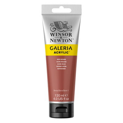 Winsor & Newton Galeria Akrylfärg, 120 ml tub mot färgad bakgrund. Red Ochre