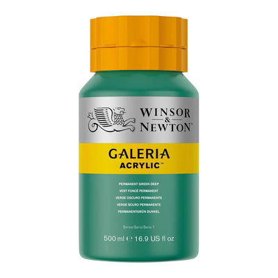 Winsor & Newton Galeria Akrylfärg, 500 ml flaska mot färgad bakgrund. Permanent Green Deep